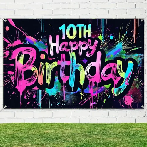 Vista 4 de HOMETITUTE Pancarta de Neón de Feliz 10mo Cumpleaños 71 x 43 pulgadas, Salpicadura de Pintura que Brilla en la Oscuridad, Telón de Fondo