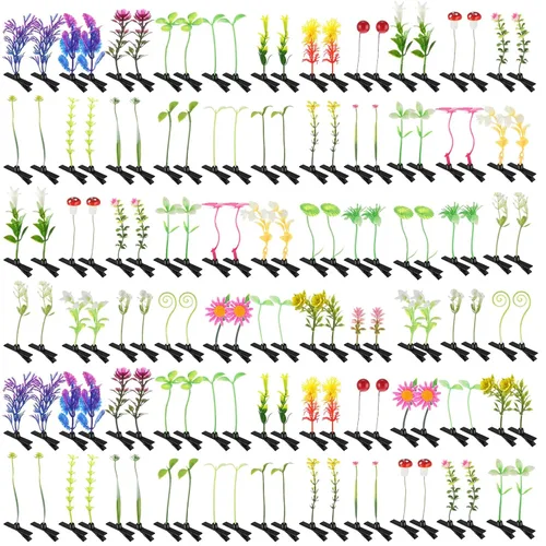 Vista 12 de Tigeen - 100 piezas de pinzas para el cabello con diseño de brotes de judías, divertidas horquillas de plantas, flores de césped, mariposas, hongos