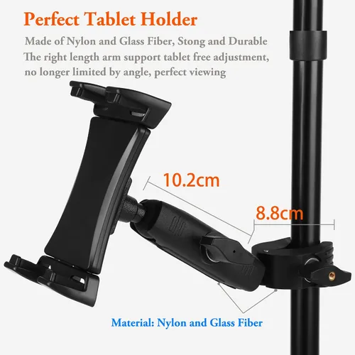 Vista 4 de Soporte para iPad para soporte de micrófono, soporte de teléfono para tableta, soporte de música para micrófono, soporte giratorio ajustable
