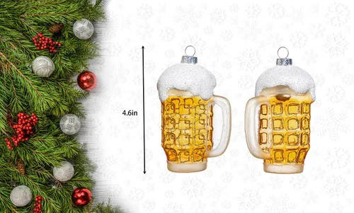 Vista 2 de Paquete de 2 adornos de cerveza de vidrio soplado a mano para árbol de Navidad, vidrio pintado a mano, paquete de 6 adornos de cerveza y adorno