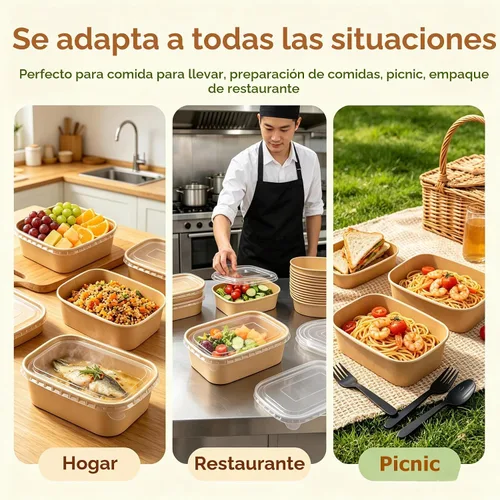 Vista 8 de Paquete de 50 recipientes de papel de 25 onzas con tapas, recipientes desechables de papel Kraft, cuencos de ensalada apilables a prueba de aceite