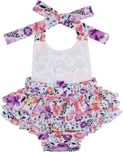 Vista 9 de Mameluco de verano con diseño floral y volantes para niña bebé, con diadema