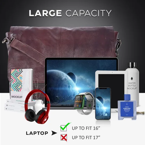 Vista 2 de Bolso de mensajero de cuero real para hombres y mujeres Maletín para laptop para oficina, universidad, correa de hombro ajustable
