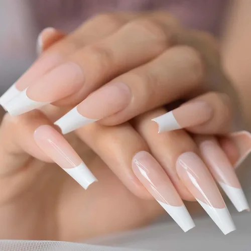 Vista 6 de Puntas de uñas largas tipo ataúd, puntas de uñas blancas a presión, uñas postizas artísticas francesas diseñadas con uñas de gel UV, uñas de salón