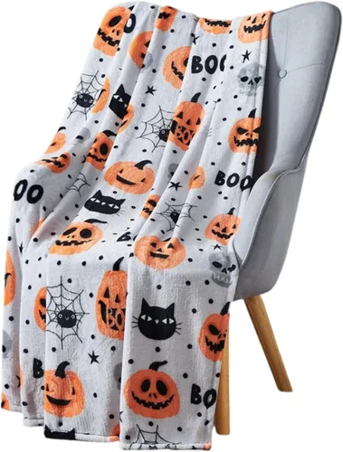 Vista 32 de Manta de forro polar de Halloween, murciélagos negros sobre fondo naranja, 50 x 70 pulgadas Ultra-soft cozy flannel fleece, for sofa couch bed