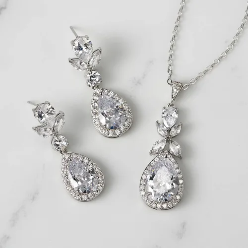 Vista 4 de SWEETV Joyería de boda para novia, juego de aretes de collar de circonita cúbica en lágrima, juego de joyas de novia para boda