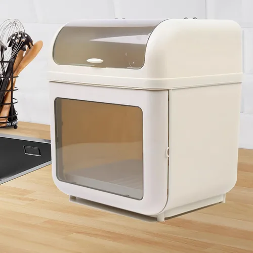 Vista 11 de Escurridor de platos de 2 niveles, escurridor de platos de cocina con cubierta de tapa, soporte pequeño de plástico para utensilios de cocina