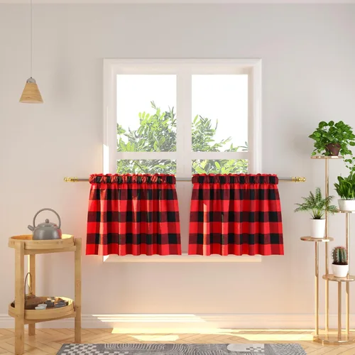 Vista 241 de Cenefas de cortina para ventana de 16 pulgadas de largo, 2 paneles de cuadros búfalo, cortinas pequeñas con bolsillo para barra, estilo clásico