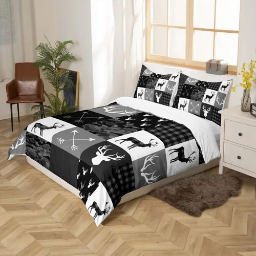 Vista 5 de Manfei Juego de ropa de cama de silueta de ciervo, tamaño individual, funda de edredón con patrón de flechas y cuernos con 1 funda de almohada