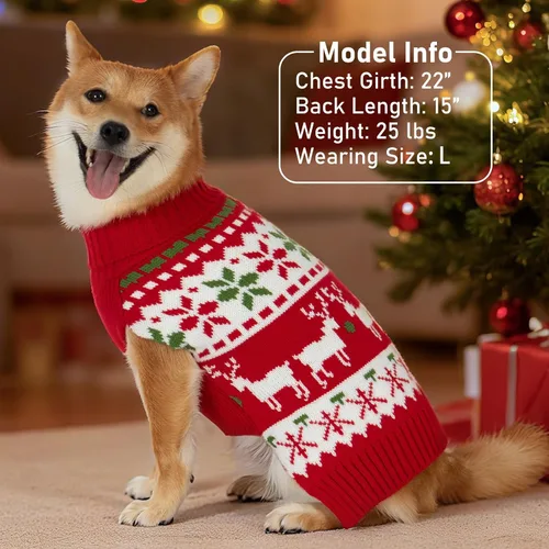 Vista 4 de KYEESE Suéter de Navidad para Perro, Suéter Cálido de Cuello de Tortuga para Perros Pequeños Macho y Hembra con Patrón de Copo de Nieve y Reno, Ropa