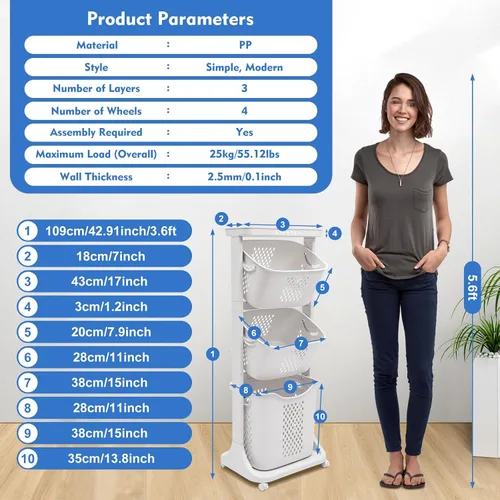Vista 6 de Cesta de lavandería para baño, cesta de almacenamiento de ropa multicapa, cesta de lavandería de 3 niveles con ruedas, cesta clasificadora de ropa