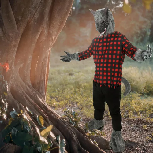 Vista 7 de Jeyiour Paquete de 6 disfraces de hombre lobo de Halloween con parte superior a cuadros rojos, capucha y guantes para colmillos para fiesta