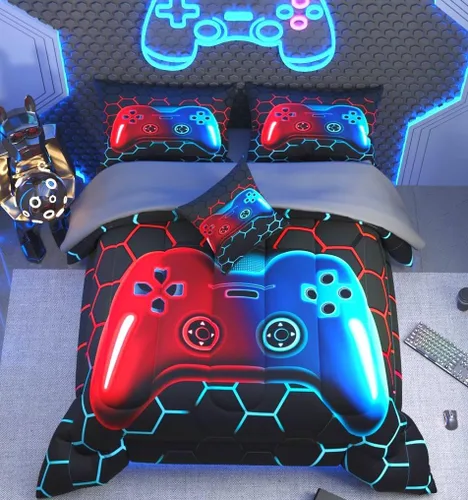Vista 15 de Juego de edredón de 6 piezas para videojugadores de temática negra, para niños, adolescentes y adultos, con edredón, sábana encimera, sábana bajera