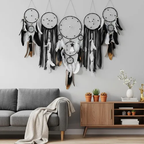 Vista 2 de Paquete de 5 atrapasueños para decoración de pared, diseño bohemio de luna y sol, juego negro