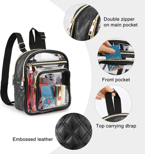 Vista 2 de Mochila transparente aprobada para estadios, resistente mini mochila transparente con bolsillo frontal para conciertos, eventos deportivos, trabajo