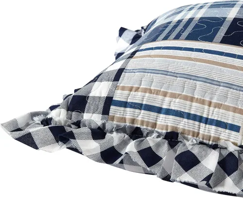 Vista 5 de Brilliant Sunshine Juego de 2 fundas de almohada decorativas acolchadas con volantes y rayas azules, fundas de cojín cuadradas para sofá, silla