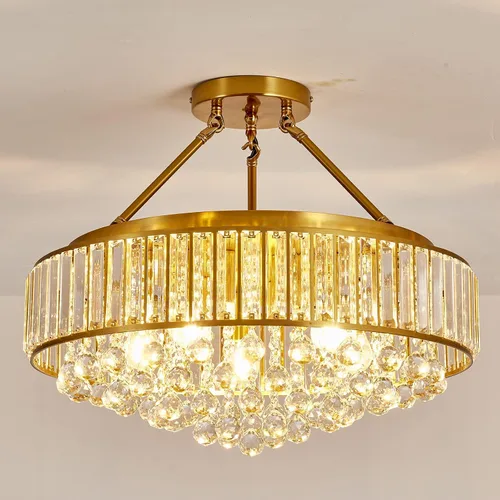Vista 12 de YYJLX Lámpara de araña de cristal redonda grande moderna de 6 luces, cromada, de montaje semiempotrado, lámpara de techo E26 para comedor, sala