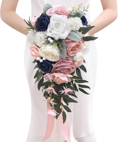 Vista 14 de Serwalin Ramos de boda de 9.8 pulgadas para novia y dama de honor, peonías rosa empolvado, ramos de flores de novia para boda, ramo de lanzamiento