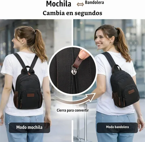 Vista 5 de PACKISM Mochila pequeña para mujer - Bolso bandolera convertible negro (Active Black)