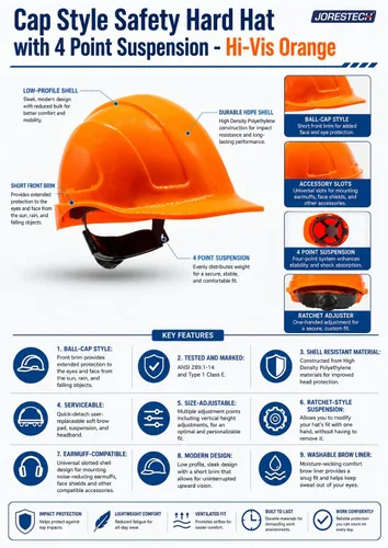 Vista 4 de JORESTECH Casco de Seguridad Duro Naranja de HDPE Estilo Gorra Casco con Suspensión de Trinquete Ajustable de 4 Puntos para Trabajo, Hogar