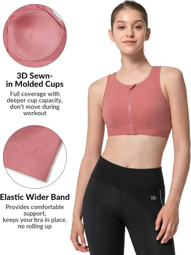 Vista 7 de Yvette Sujetadores deportivos de alto impacto para mujer, con cremallera frontal, brasier deportivo de talla grande para entrenamiento, fitness