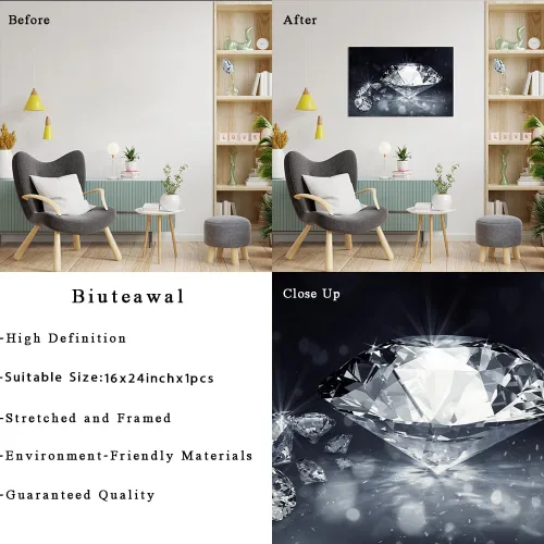 Vista 6 de Biuteawal Arte de pared de diamantes en blanco y negro con impresión de diamantes brillantes, pintura de moda, obra de arte moderna, decoración