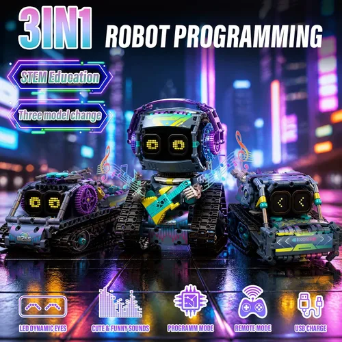 Vista 3 de Kit de construcción de robot STEM, 3 en 1 juguetes robóticos controlados por control remoto y aplicación, set de bloques de construcción de robots