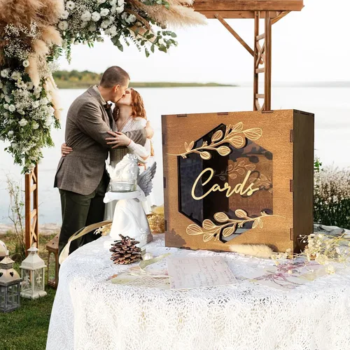 Vista 7 de Caja de tarjetas de boda marrón OurWarm con ventana de acrílico, caja de tarjetas de regalo de madera para decoraciones de recepción de boda, caja