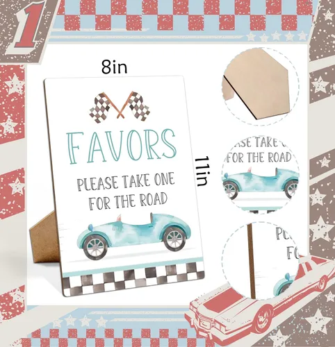 Vista 2 de Letreros de fiesta de cumpleaños de coche de carreras, Favores por favor toma uno para el camino, cartel de madera de 8 x 11 con soporte, decoración