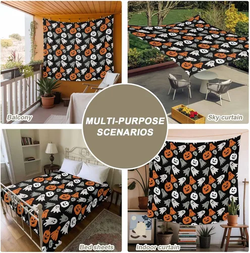 Vista 5 de Tapiz de Halloween para colgar en la pared, fantasma, monstruo de calabazas, tapiz estético lindo de dibujos animados naranja para dormitorio, sala