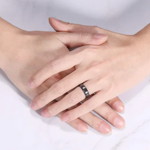 Vista 5 de Anillo de cerámica negro de 0.236in, 0.315in, con incrustaciones de fibra de carbono negra, para hombres y mujeres, talla 5-14