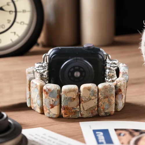 Vista 3 de Natural Stone Imperial Jasper Bracelet Beaded-Bands Compatibe with iWatch Series11 10 9 8 7 6 5 4 3 2 1, Handmade Elastic Stretch Beaded Strap For