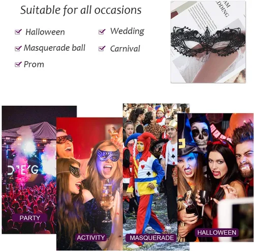 Vista 6 de TreatMe Máscara de mascarada Máscara veneciana para mujer, bonita y elegante, de encaje, para Halloween, fiesta de Mardi Gras (negro B)