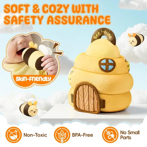 Vista 6 de Juguetes para bebés de 6 a 12 meses - Juguete infantil de colmena con 5 abejas sensoriales, animales de peluche, crujido, sonajero, espejo y música
