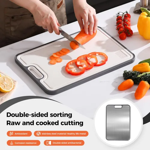 Vista 5 de Tabla de cortar de acero inoxidable para cocina, tabla de cortar de doble cara de grado alimenticio, acero inoxidable 304/paja de trigo PP tabla