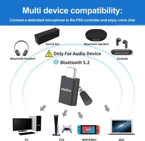 Vista 6 de Adaptador Bluetooth USB C para PS5/PS4, adaptador de audio inalámbrico de doble conexión, dongle de baja latencia con micrófono analógico de 0.138