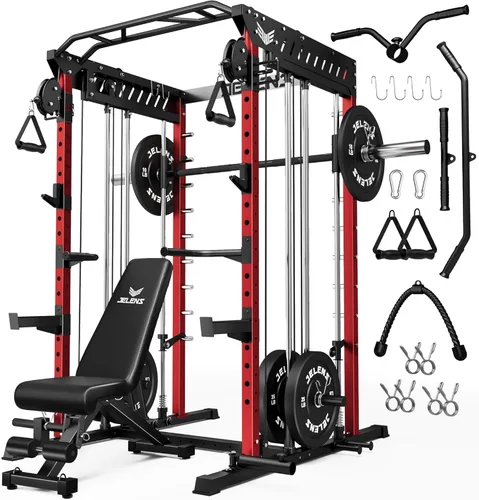 Vista 21 de JELENS M21 - Máquina Smith, jaula de potencia multifunción con sistema de cruce de cable de polea doble, banco de sentadillas todo en uno de 907 kg