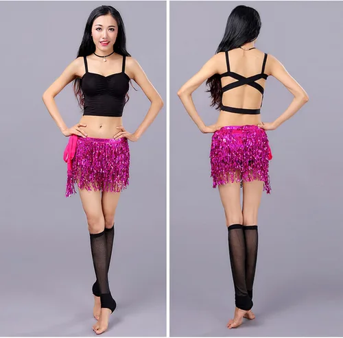 Vista 7 de Bufanda de cadera para danza del vientre, falda de borla de lentejuelas, disfraz brillante para mujer