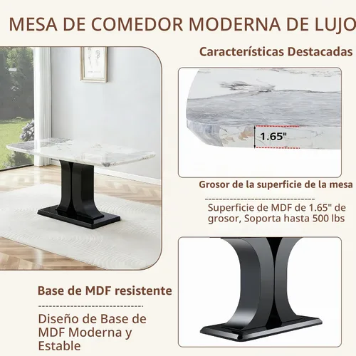 Vista 4 de Juego de mesa de comedor moderno para 6, juego de mesa de cocina y sillas de mármol para 6, mesa de cocina rectangular con 6 sillas tapizadas