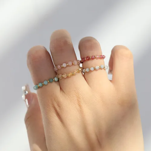 Vista 2 de Anillo de cuentas de cristal, piedras preciosas naturales, amatista, cuarzo rosa, aguamarina, turmalina, ojo de tigre, minimalista, anillo apilable