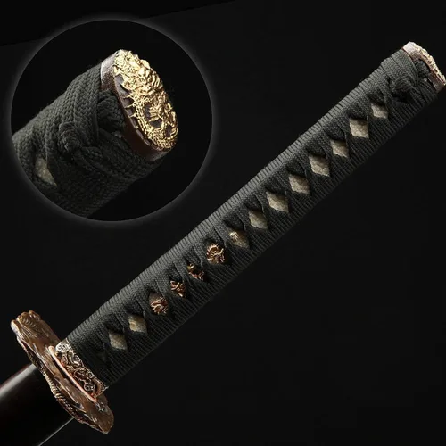 Vista 8 de Rare Boutique - Espada samurái japonesa hecha a mano de dragón dorado Tsuba, Katana real, arcilla templada, hoja afilada de acero plegado