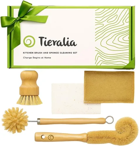 Vista 8 de Tieralia Juego de 5 cepillos de bambú para platos, kit de limpieza de cocina ecológico con cepillo para botellas, cepillo largo para platos