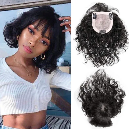 Vista 8 de Parte superior de cabello rizado en forma de U hecha a mano, pieza de cabello humano ondulado, 100% cabello humano con flequillo, postizo superior