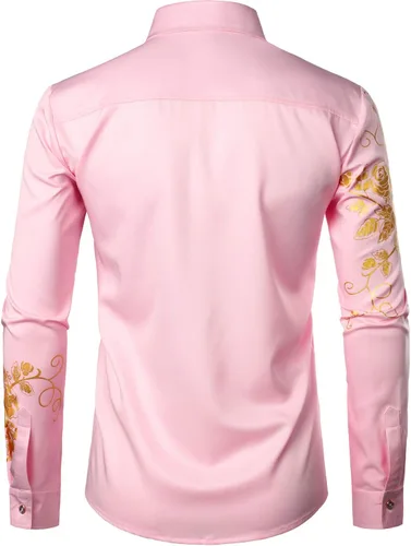 Vista 3 de ZEROYAA Camisas de vestir de manga larga con botones y estampado floral de rosa hipster para hombre