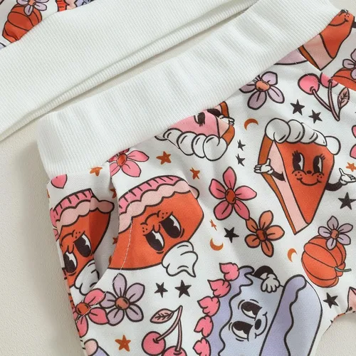 Vista 5 de TBUIALL Conjunto de 2 piezas de manga larga para niña, conjunto de otoño para niñas, suéter de manga larga con estampado de tartas, ropa de bebé