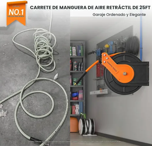 Vista 2 de Giraffe Tools TA10B - Carrete retráctil para manguera de aire de 25 pies, montaje en pared, compresor de aire de acero resistente, rebobinado