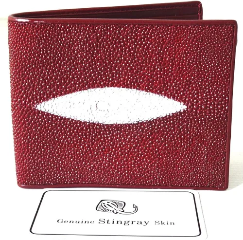 Vista 2 de Auténtico Stingray Skin para hombre Bifold blanco perla ojo borgoña rojo cartera