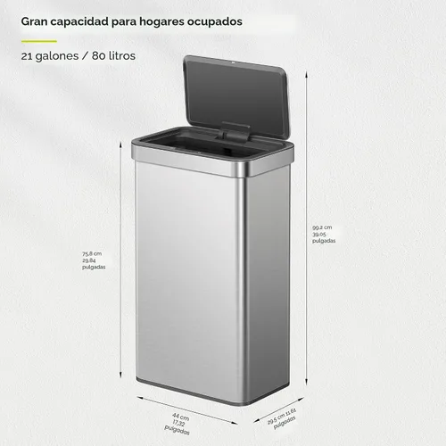 Vista 4 de EKO Nova - Basurero con sensor de 21 galones/80 litros de acero inoxidable, rectangular, sin contacto, con sensor de movimiento, color metálico mate