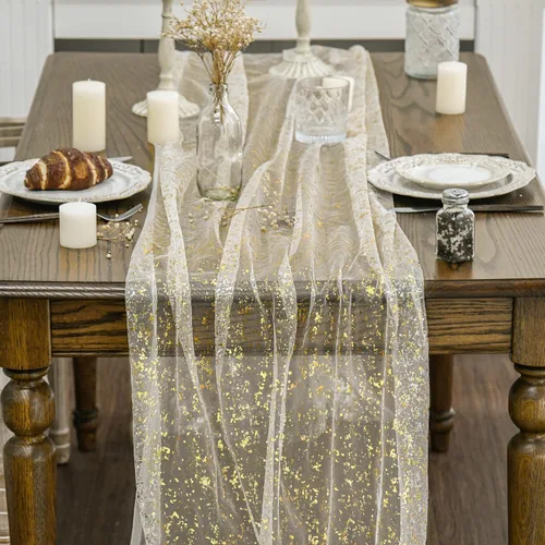 Vista 2 de Artoid Mode Camino de mesa de gasa color beige dorado de 120 pulgadas, 10 pies, lámina metálica con purpurina transparente para comedor, boda