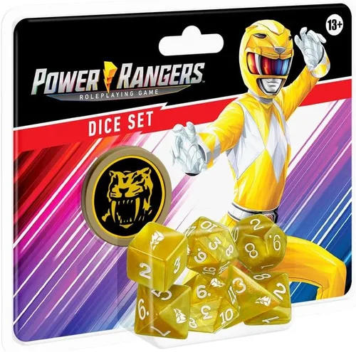 Vista 5 de Renegade Game Studios Power Rangers RPG - Juego de dados poliédricos negros de 8 piezas con moneda de poder personalizada